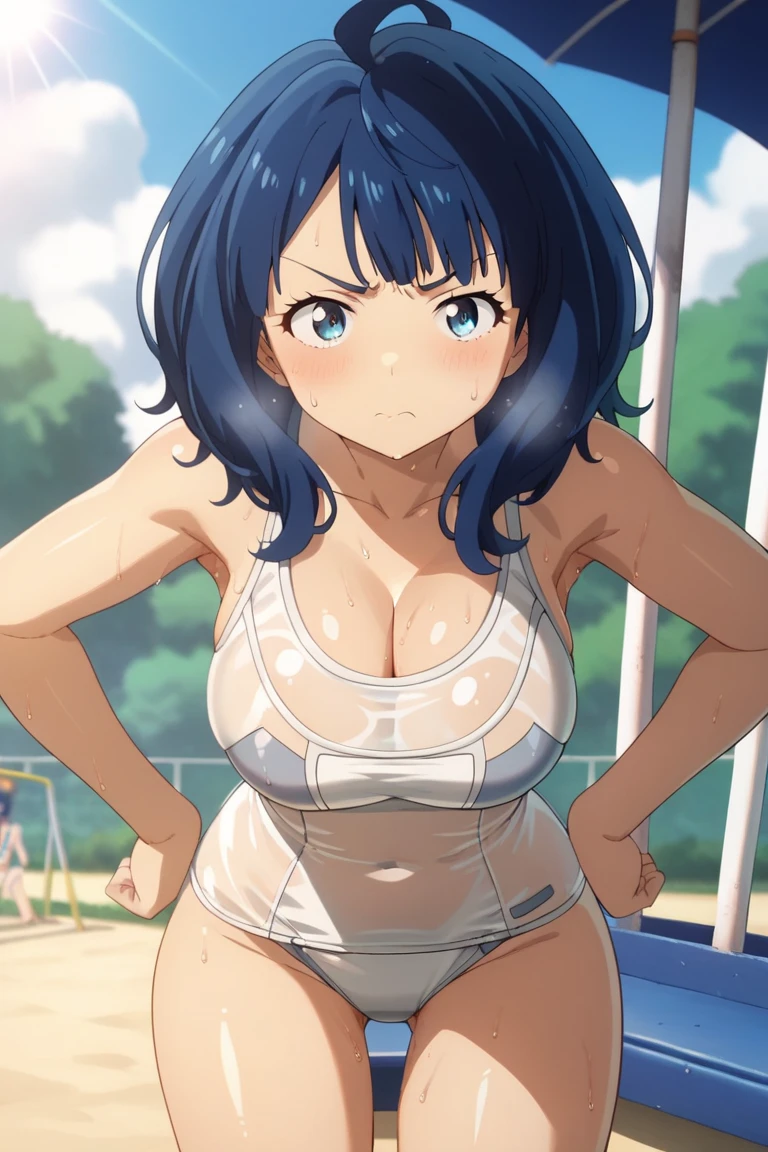 yanamianna, medium hair, ahoge,blue hair,blue eyes, large breast, (school swimsuit:1.2), white swimsuit, cleavage, (sweat, shiny skin:1.4), be furious, hands on hip, (bend over:1.2), looking viewer, from front, public park, playground equipment, slide, sunshine, summer days, wide shot, (masterpiece, best quality, high resolution, ultra-detailed:1.3), perfect fingers, detailed background, anime