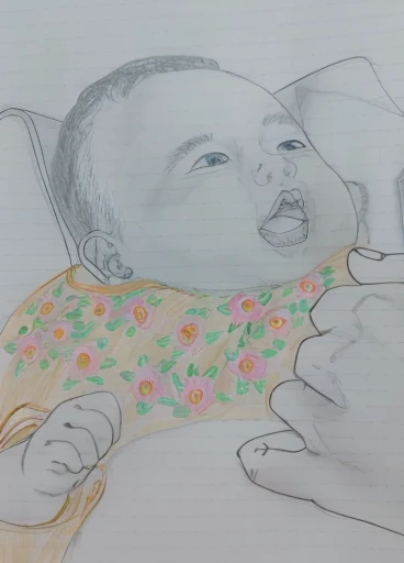 guttonerdvision3, drawing of A 3-year-old child sleeping in her room while a guardian angel watches her affectionately. Drawing made in water painting
