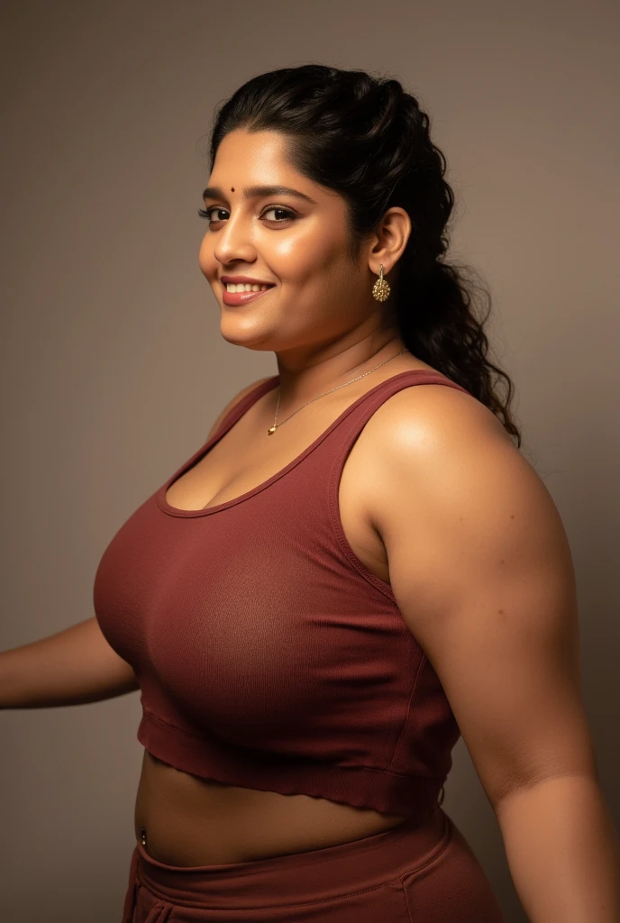 Indian  fat meme front view, extreme long shot photo of sexy Indian, smiling delicately at viewer, curvy athletic figure, open arms, sexy armpits, sweats, ponytail, necklace, nude glossy lips starting to press milk