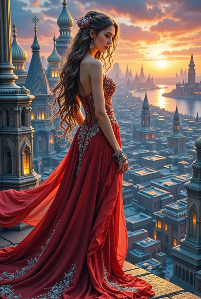 Super detailed A captivating dark fantasy illustration of a woman with long, cascading hair, perched on a high ledge overlooking a sprawling city at sunset. She wears a stunning red gown, adorned with intricate embroidery, that contrasts beautifully with the golden hues of the cityscape. The city below features intricate architectural details, such as towers and domes, with a sense of grandeur and mystery. The sky is a canvas of orange and pink hues, complemented by the luminous moon in the distance. The overall atmosphere is dark and moody, with a touch of grunginess that adds depth and intrigue to the scene., dark fantasy, illustration, vibrant, painting. Created by Sasan.