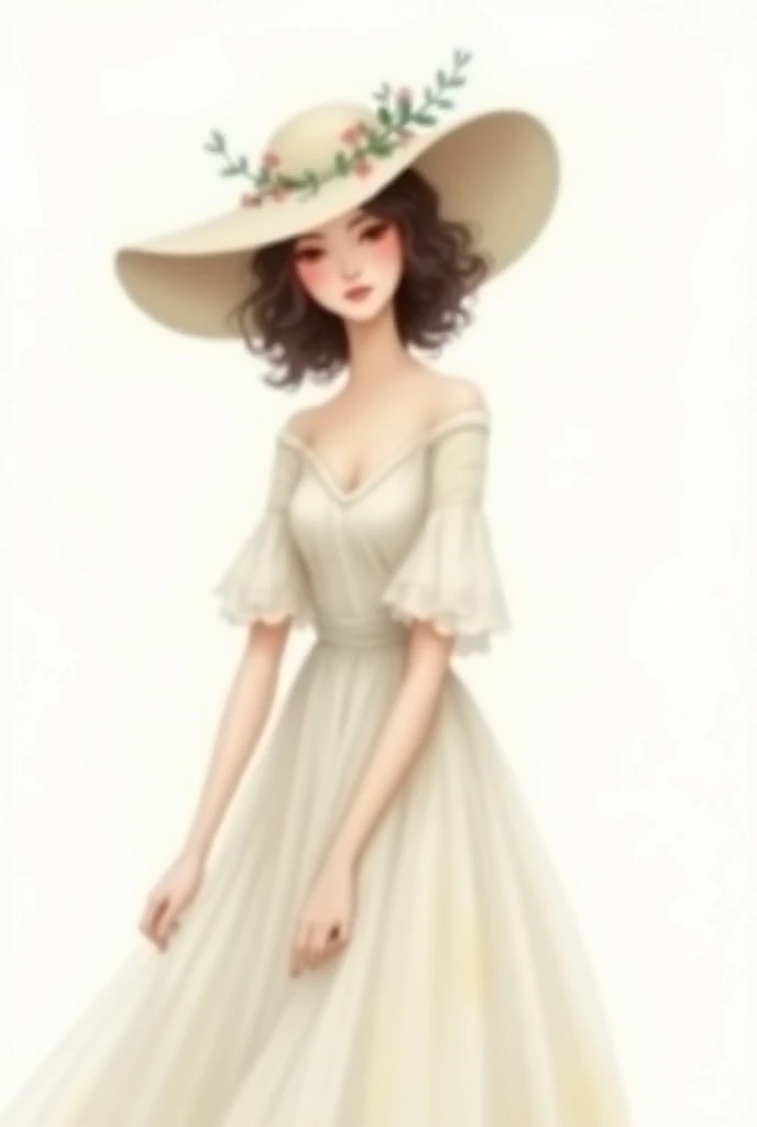 ((No hat:1.2)_Close-up of a 20-year-old woman with permed bun hair), Simple pastel yellow dress, elegant digital art, 