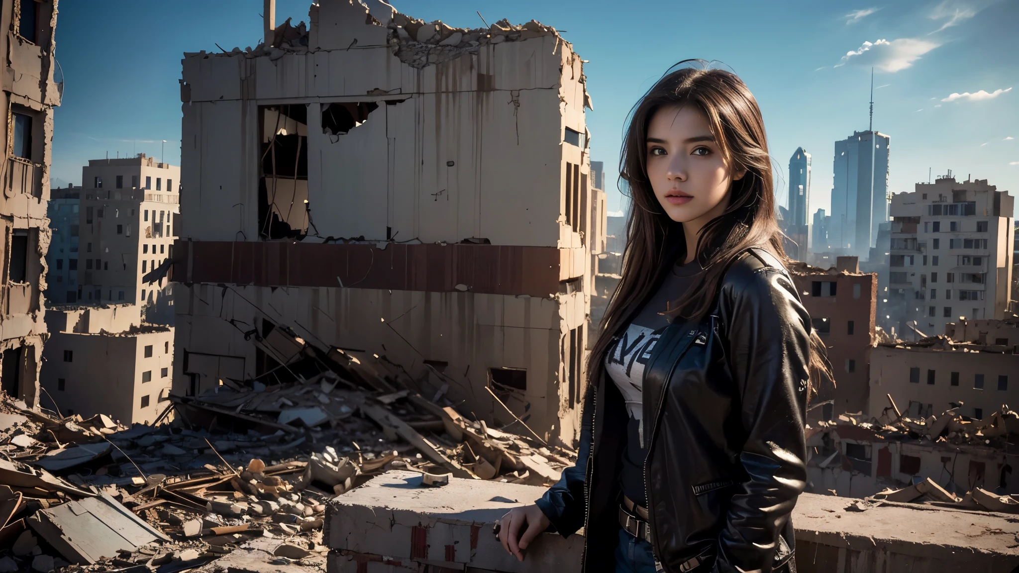 masterpiece, high resolution,8K,(Portrait Photos:1.5),(R Original Photo),Reality,Digital Photography,(Apocalyptic ruins ),City ruins，beautiful 20 year old woman，sentry， post-apocalyptic scene，Close-range photography， broken clothes