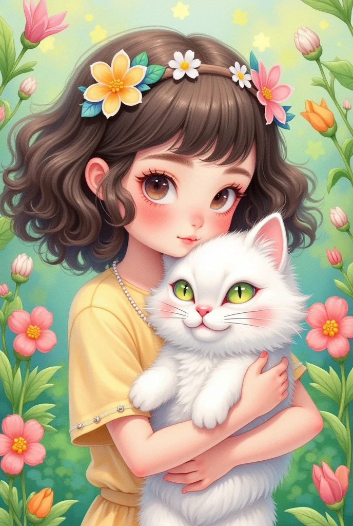 A cute girl with curly hair is holding her white cat in the garden. She has flowers on her head and green leaves around her. The watercolor painting has a soft pastel color palette and dreamy atmosphere. It is in the style of a cute, kawaii vintage illustration with a high resolution, high quality, and high level of detail. The full body portrait has sharp focus and is hyper realistic and hyper detailed in its photorealism. 