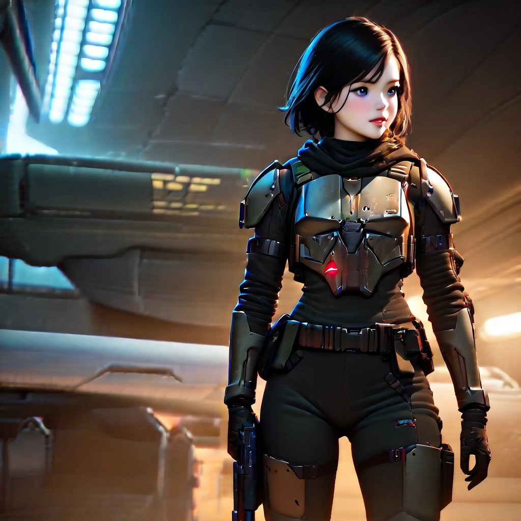 20 year old girl, short black hair, black with scarlet pupils, with a gun in a dark room, star wars, sci-fi soldier, futuristic soldier, fps game concept art, cyberpunk soldier, cyberpunk clothed in stealth armor, mandalorian armor, epic sci - fi character art, epic sci-fi character art, dressed in tactical armor