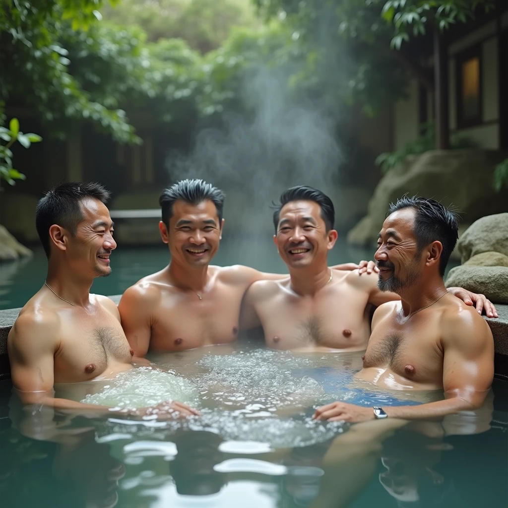 (a group of 3 Japanese middle-aged beard men and girls), (passionately touching each other), (a close-up photo), (in a summer outdoor pool), (everyone smiling), best quality, masterpiece, ((All exposing small breasts and nipples)), ((All topless)), ((Small breasts)), Hair tied up, Bangs down