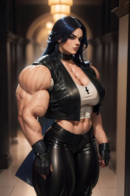(((((Massive, tall, beautiful, buff, wet, pale white skinned muscular woman with orange hair, black lipstick, ginormous bulky muscles, wearing a black leather corset with tight pants and hooded cape))))), (red background), close view, ((massive muscles)), massive biceps, hyper muscle shoulders, hyper muscle triceps, (shaggy long hair), glowing green eyes, choker, (chain belt), black spiked boots, (spiked gauntlets), (fingerless gloves), (in a raining dark island), confident smirk, night, red moon, (red skies), hyper vascular arm, hyper muscles arms, hyper muscle legs, (ginormous arms).