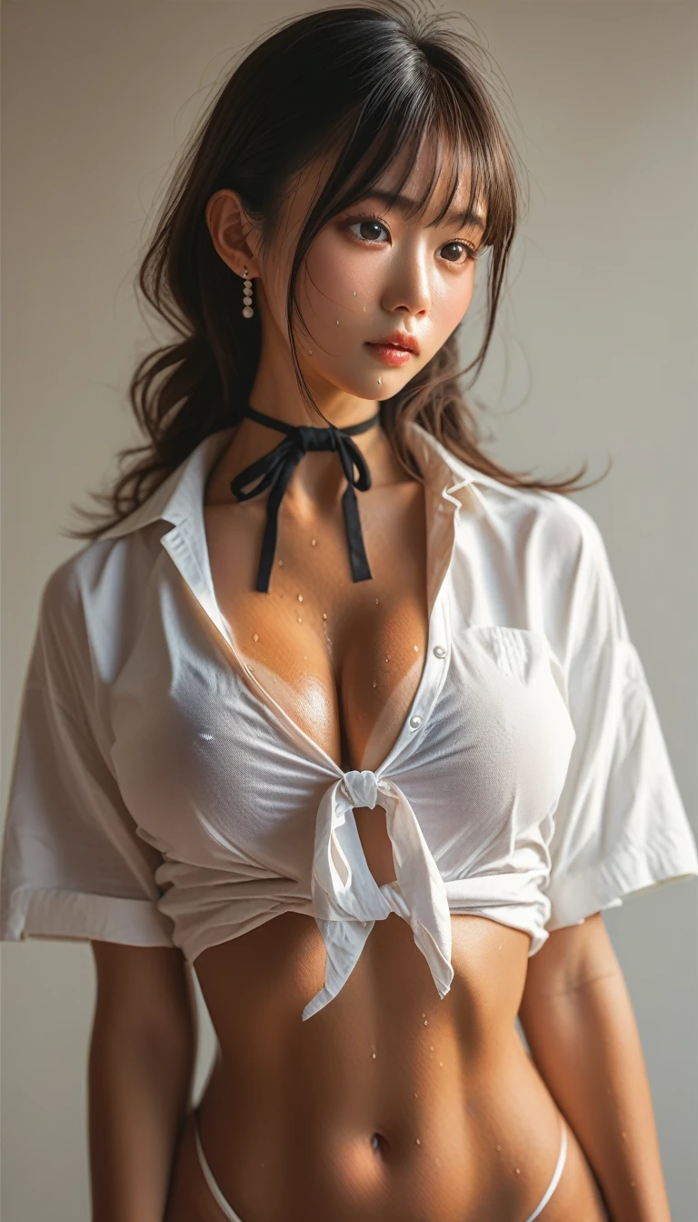 High school girl、 upper body、Tan Lines、Beautiful tanned 、 shirt 、ribbon、Stylish young 々 beautiful girl with big upturned breasts、 sweating on my hot body、High quality portrait images、 cute asian 、 Japanese、 Slender Big Breasts、、Overflowing underbreasts 、Belly button、
