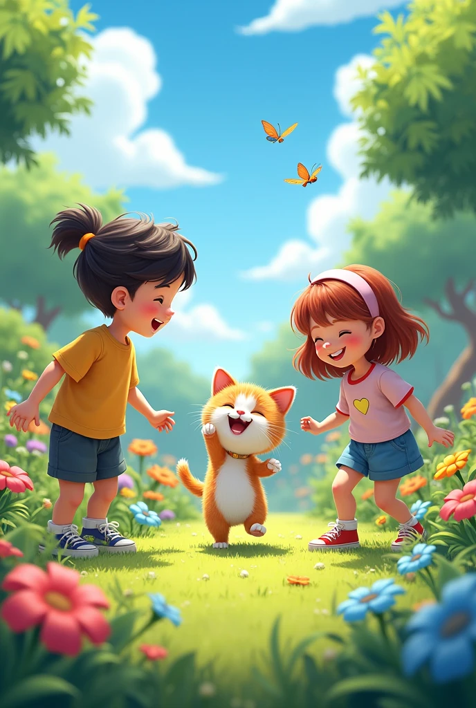 A cat is having fun playing with a girl in the playground.