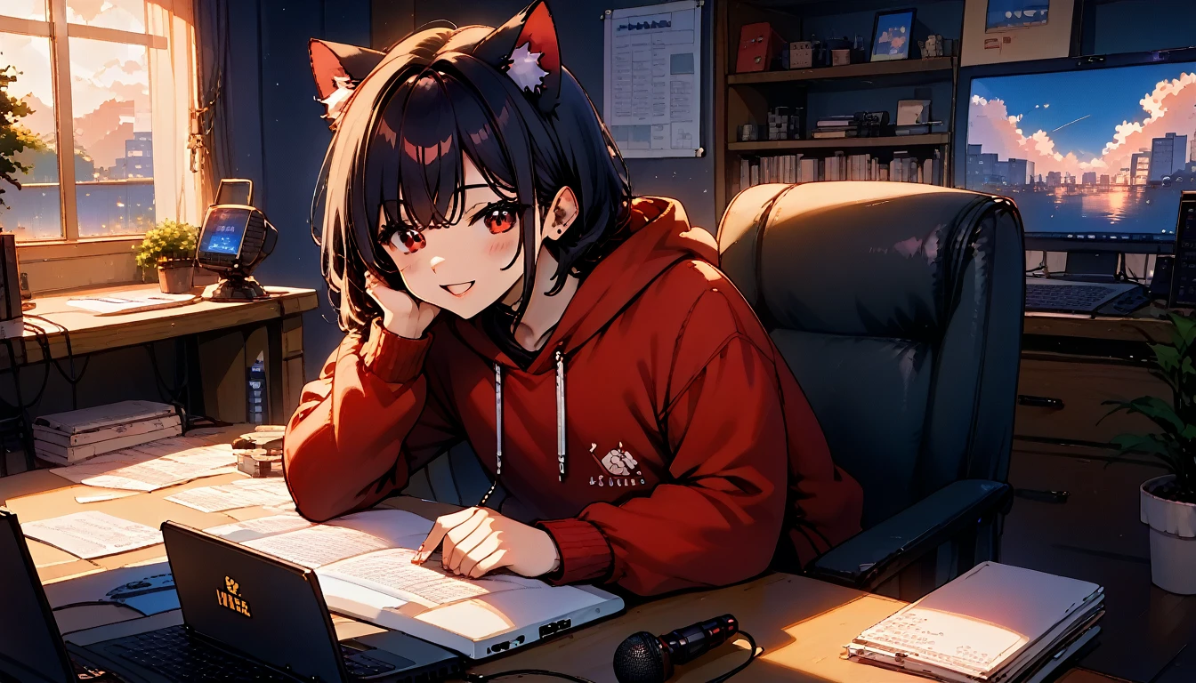  An 18-year-old girl with black hair ,  straight bangs , cat ears,  vibrant and attractive anime-style red eyes with an elegant-looking computer desk . He wears a black and red hoodie with the channel name “Pixel Chibi” written on it . In front of her, On the desk, there is a laptop  , ,  along with a microphone and several recording equipment  .  in the background ,  a gold YouTube playback button with the name “Pixel Chibi”  .  A room has a modern YouTube studio aesthetic with professional lighting  . make the character stand out .  The image is very attractive and attractive  , with a 16:  with a ratio of 9 ,  perfect for an avatar that speaks with artificial intelligence  .