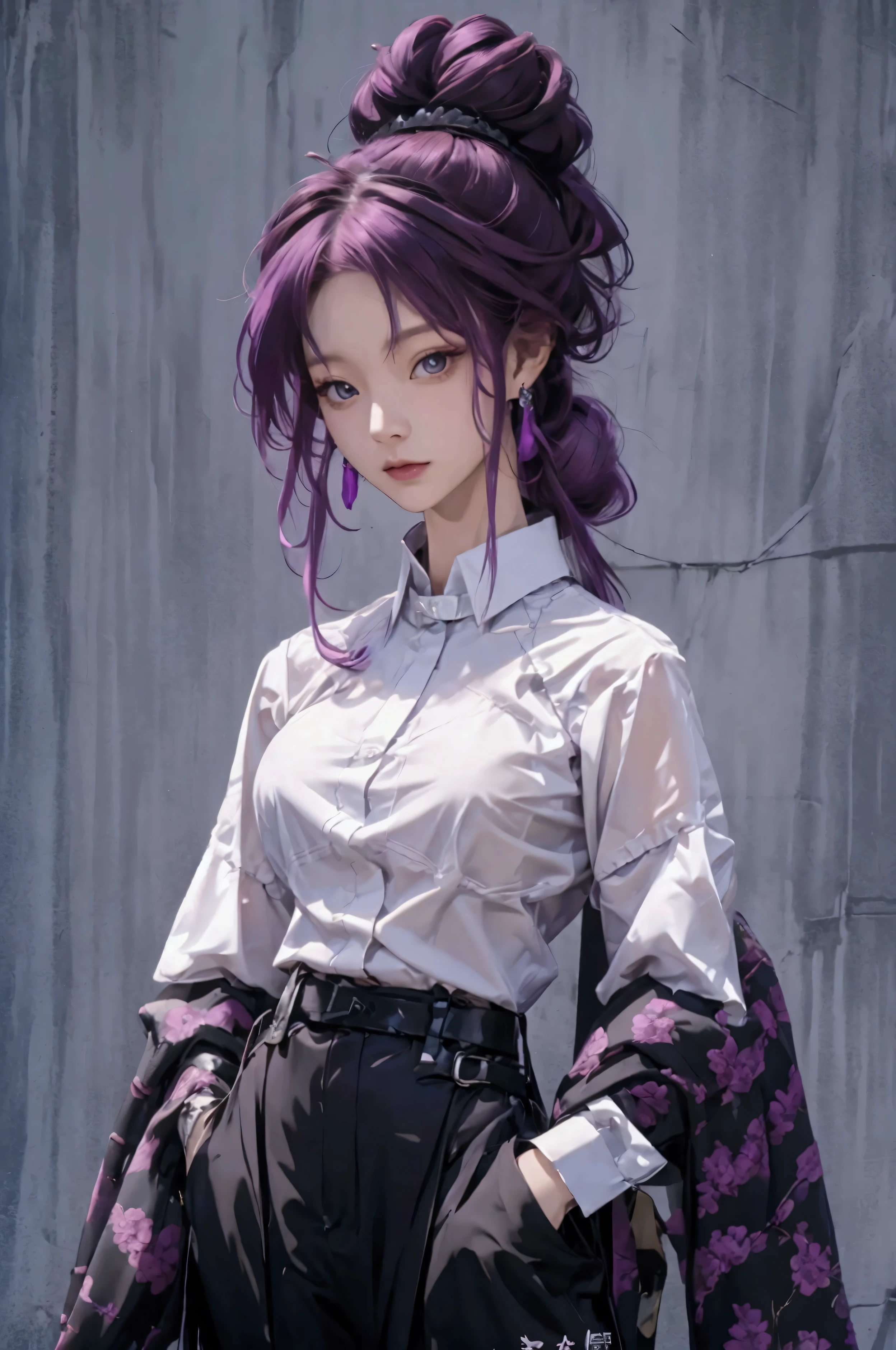 Anime person with purple hair, primal, dangerous, hair tied up in a strict bun, Chinese ethnicity, androgynous, in formal attire, elegant, black pants, confident expression, many katanas in background, steel themed, background is very cold, she's using two bone katanas, many katanas, katanas are made of steel, silver hairpin, 4k, ultra HD, high quality, very detailed, magazine cover, posing like a model