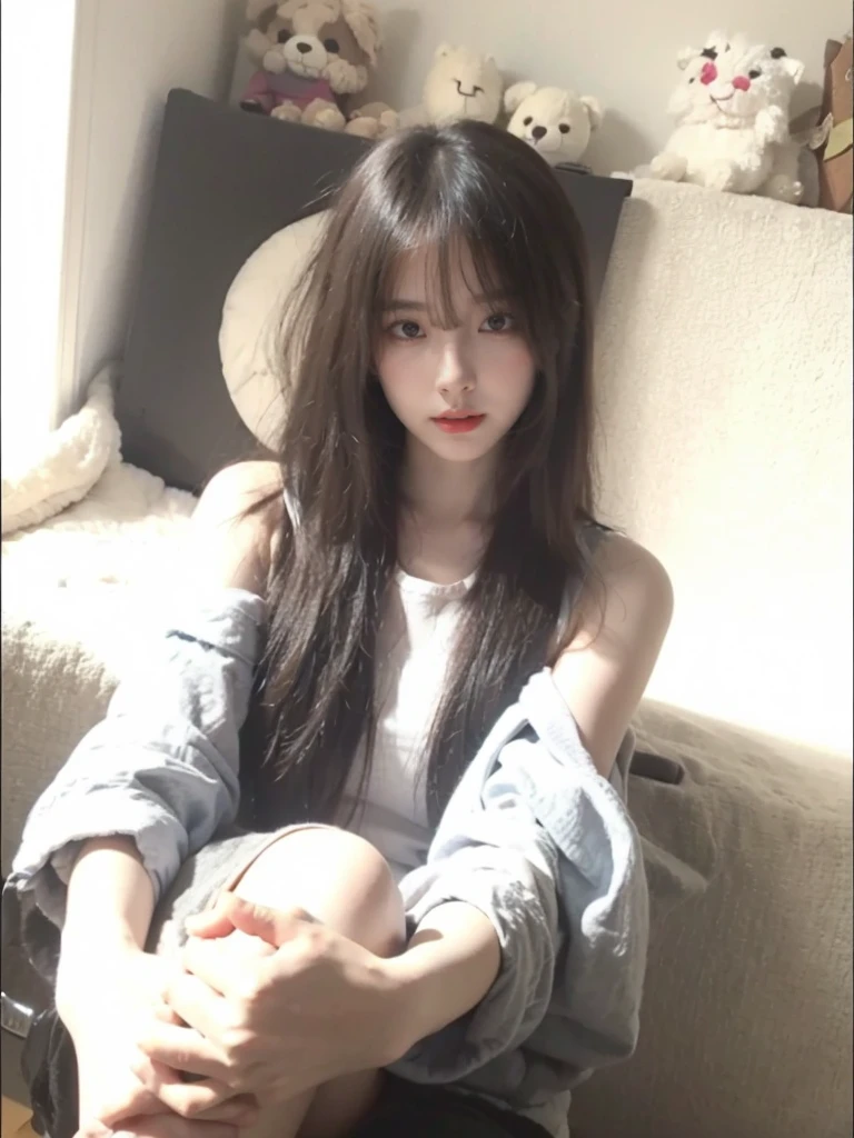 (High-resolution 8K RAW photos are real,best quality)，beautiful and attractive woman，delicate and sexy clavicle，attractive oval face，double eyelid，Creative[peach]flower eyes，reddish pink lips，small nose，close up of face，hyper detail，((wearing a large blue hoodie))、big silhouette hoodie、Long sleeve top，black hip wrap skirt，bright red hair，background bokeh，cleavage，long legs，(7 doppelganger shotedium shot scene，alone：1.4)，race，string，headgear， fresh and impressive， natural color，front light，leaning against the wall，I sat on a big red sofa，Princess Chair，lean on the red sofa、A warm skin tone、Body proportions are normal，Lean together，pile of trash，there is water on the ground，swelling，I have a tattoo on my chest,looking straight up and smiling、