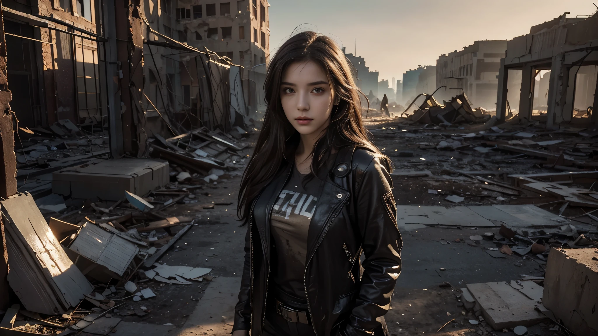 masterpiece, high resolution,8K,(Portrait Photos:1.5),(R Original Photo),Reality,Digital Photography,(Apocalyptic ruins ),City ruins，beautiful 20 year old woman，sentry， post-apocalyptic scene，Close-range photography， broken clothes