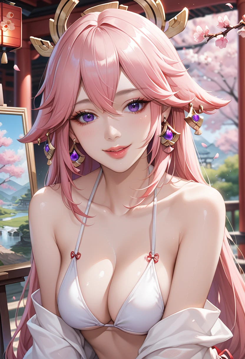  1 girl, (ulzzang-6500:0.7),  Kpop idol, Yae Miko, bikini, Sleeveless,  bare shoulders,  Pink Hair, Long Hair, bikini,  best quality, (Painting:1.5), (Hair accessories:1.35),  jewelry,  purple eyes,  earrings for a woman alone, breast, torii, cherry blossoms,  Lantern Lights ,  depth of field,  detailed face ,  face focus , ribbon_trim, ( watching viewers:1.25),  non-traditional shrine maiden , shiny skin,  Long Sleeve , smile,  Thick lips, Game CG, Put your hand on your lips, East Asian architecture, ( Blurry Background :1.2),  sitting,  upper body, bikini