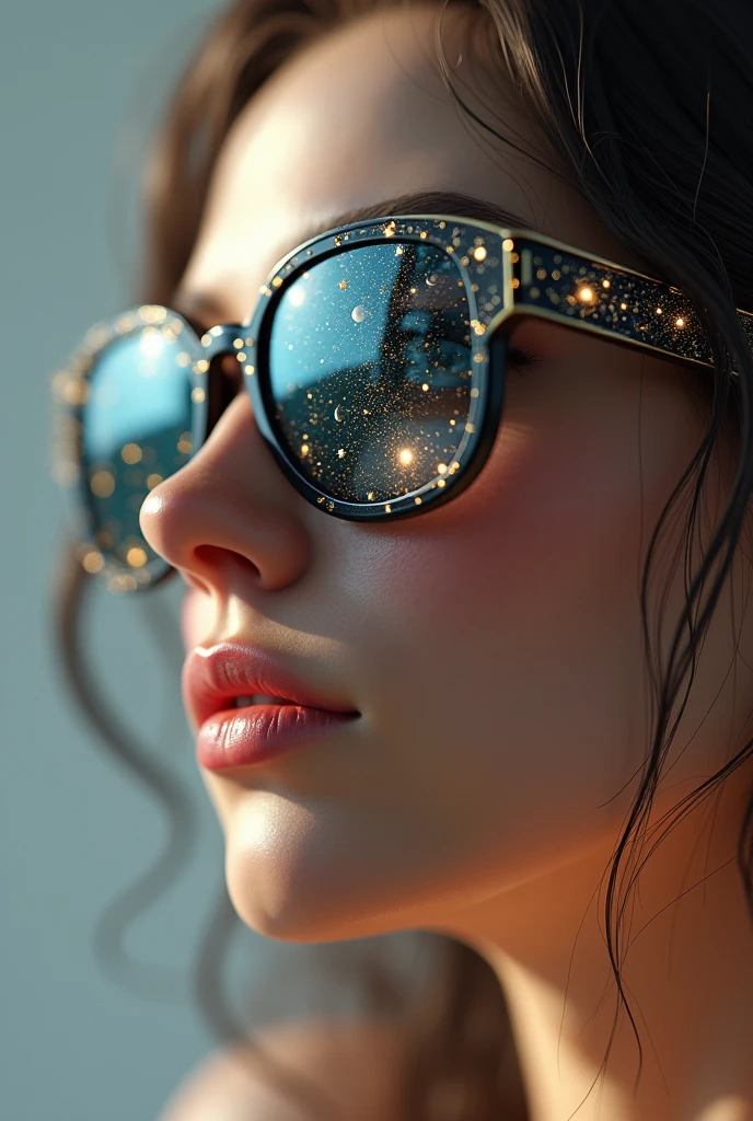 model wearing vitreous sunglasses with star and moon in the glass, in the style of dark sky-blue and light yellow, minimalist pen lines, fairy kei, use of precious materials, vibrant and lively hues, captivating, glitter