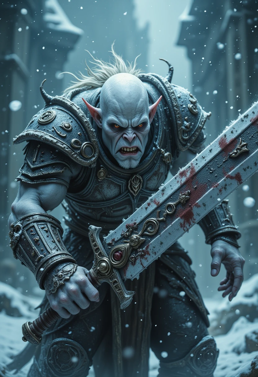 Magic style, nightmare, this is an image of a pale white orc, lifeless cold icy eyes, fierce look as he is aiming a giant medieval sword at the viewer, the orc is wearing intricate battle scarred armor, blood on his armor, heavy snowfall, snow on armor