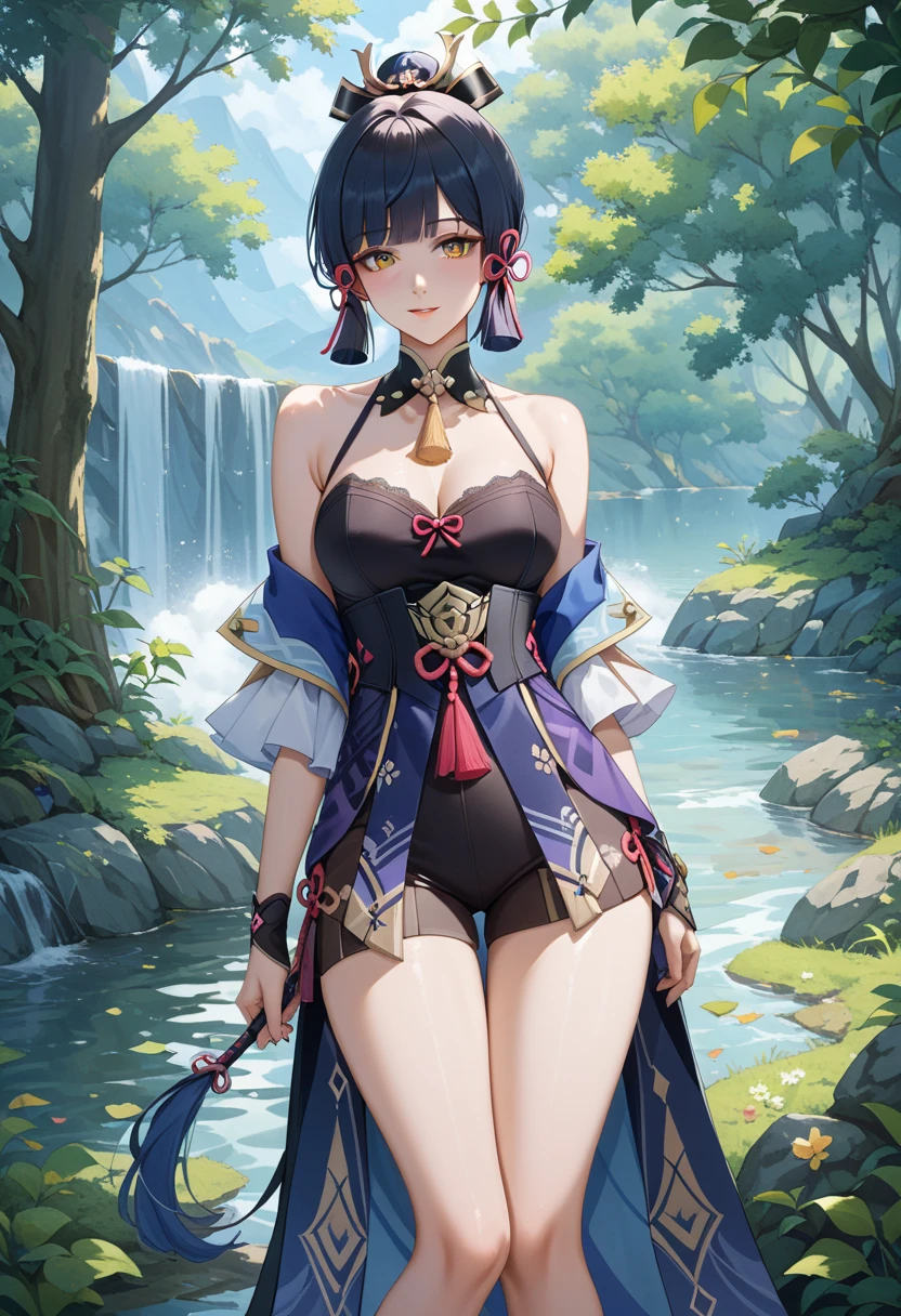  an anime girl dressed in purple and black standing in front of a forest,  from Genshin Impact to Keikei , Genshin Impact&#39;s Zhongli, Haise Jinyao,  ayaka genjin impact ,   Anime Moe Art Style , Black-haired wizard,  Demon Slayer Louis fan art , Ayaka Game Genshin Impact , Yun Ling, Inspired by Song Maojin 