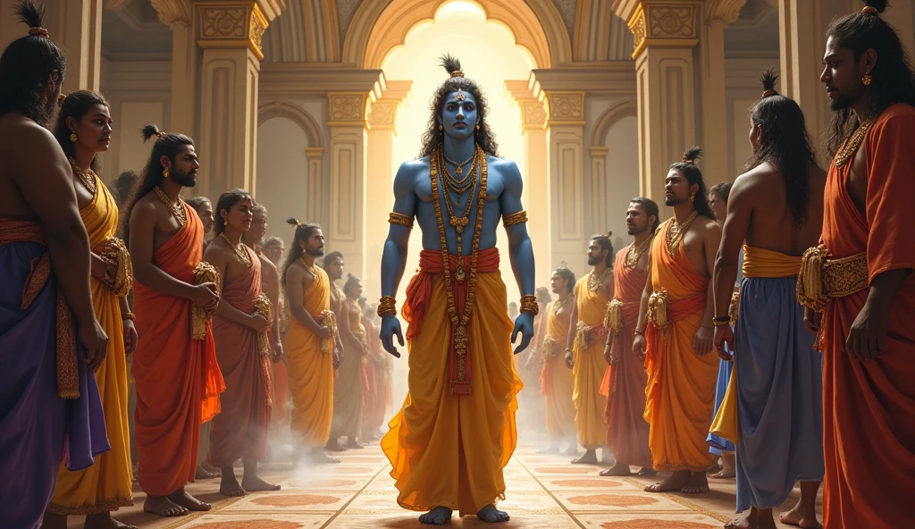 In cinematic 3d cartoon style "Illustration of the celestial scene where Lord Vishnu incarnates as Ram, with the sacred surroundings of Ayodhya's palace and King Dasharath's royal court."
