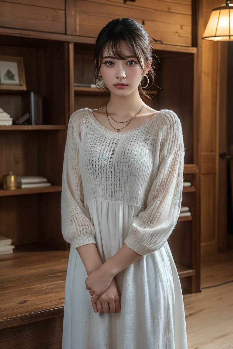 1 woman, white background, (Highly detailed body, very detailed face, top quality:1. year old woman), looking at viewer, She has dimples on her face, I can't see her hands, (short layered hair:1.2), Her thighs are very beautiful, 8 thousand, (Cozy dangara V-neck knit dress:1.45), (Twisted dress:1.3), (skin glow:1.3), (huge breasts:1.3), The Most Beautiful Women in Korea,