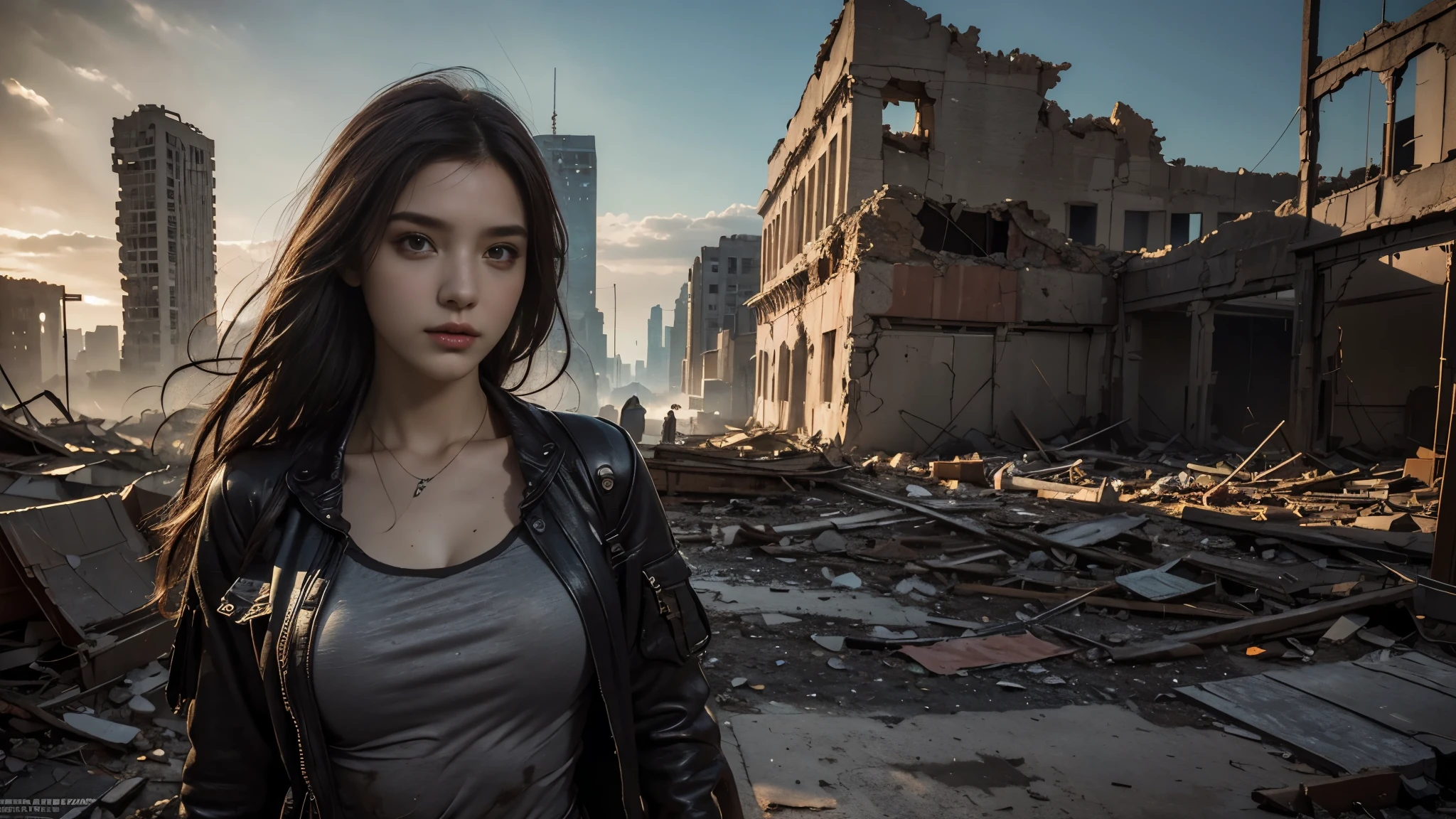 masterpiece, high resolution,8K,(Portrait Photos:1.5),(R Original Photo),Reality,Digital Photography,(Apocalyptic ruins ),City ruins，beautiful 20 year old woman，sentry， post-apocalyptic scene，Close-range photography， broken clothes