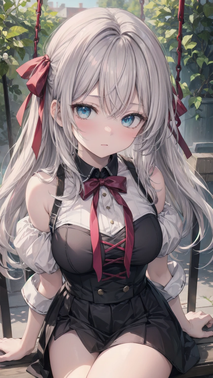  best quality、 Alisa Mikhailovna Kujo、Long Hair, Grey Hair, hair intakes,   hair bow,  red ribbon,  blue eyes,  beautiful face details,  on a swing、