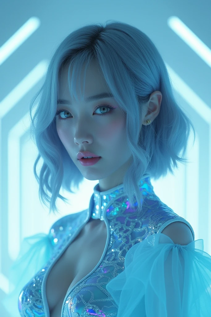 a woman with light blue hair posing for a picture sitting on a gaming chair, portrait sophie mudd, light iridescent hair color, katherine mcnamara inspired, sakimichan frank franzzeta, olivia culpo, cute girl with short light blue hair, colorized, madison beer as leeloo, dua lipa, magdalena radziej