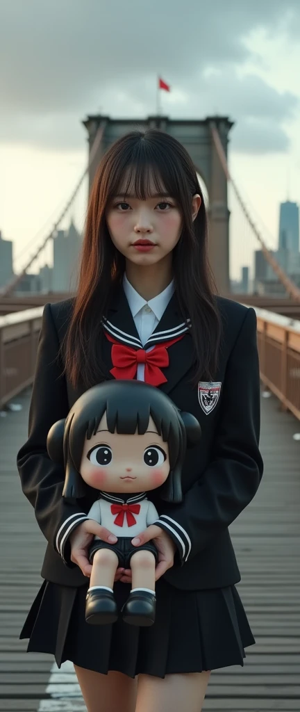 ultra-realistic, photorealistic, dramatic scene, shadow, global-illumination, solo, (teenage Japanese famous idol girl:1.5), very beautiful fragile Japanese girl, very beautiful with very cute but boyish cool face, (very large breasts), slim waist, moles, detailed face skin texture with moles, professional lighting, (wearing a gray colored Japanese high school cute uniform of white shirt with blazer and skirt, red ribbon:1.2), (very large breasts), She is standing on the Brooklin bridge in New York, She is holding a very large detailed figure of realistic Chibi-anime-girl, 