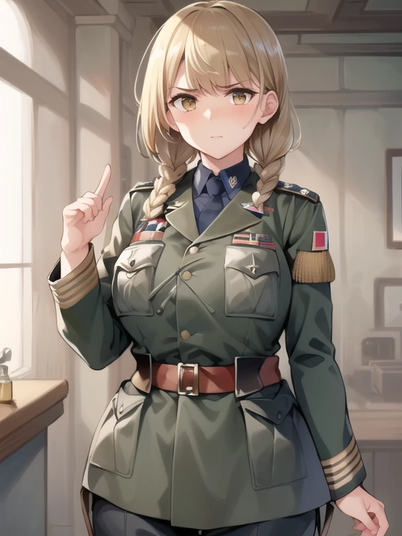 one mature woman,(solo),parietal,
(khaki hair),short ponytail,
brown eyes,(beautiful detailed eyes),
large breast, voluptuous,

((serious)),noble,no ornaments,
military jacket,
long sleeve,military pants,

((cowboy shot)),standing,

((masterpiece)), (best quality),
(ultra-detailed),(perfect anatomy),
high resolution,detailed line art,sharp focus,Tanya Degurechaff roupa modesta, tiro remoto, Detalhe bonito rosto delicado, Olhos delicados bonitos detalhados, perfect facial proportions, High definition skin, pele fina, best four inch aspect ratio. Com um polegar, uma obra-prima, altamente detalhado, Realistic, (German World War II general uniform reference : 1.8), the highest facial resolution, , mulher modestamente vestida, vestido inteiramente, ( pequeno, cabelos pretos, black franja reta, super thin braids, franja reta, Red glasses, olho verde escuro, science fiction, Fighter aircraft, standing On the landing of a Fighter aircraft, the agency, uma personalidade profundamente inteligente, A calm expression, um rosto respeitoso, uma guerra, a Fighter aircraft　BIGHIP　BIGASS　FUCKOFF　FUCKFUCKFUCK 