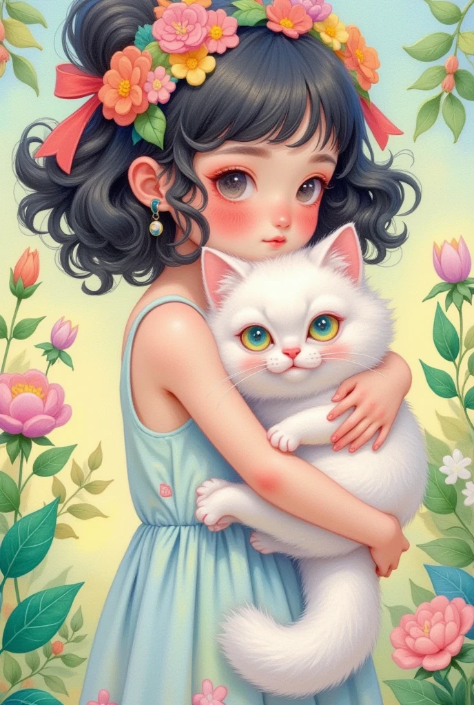 A cute girl with curly hair is holding her white cat in the garden. She has flowers on her head and green leaves around her. The watercolor painting has a soft pastel color palette and dreamy atmosphere. It is in the style of a cute, kawaii vintage illustration with a high resolution, high quality, and high level of detail. The full body portrait has sharp focus and is hyper realistic and hyper detailed in its photorealism. 