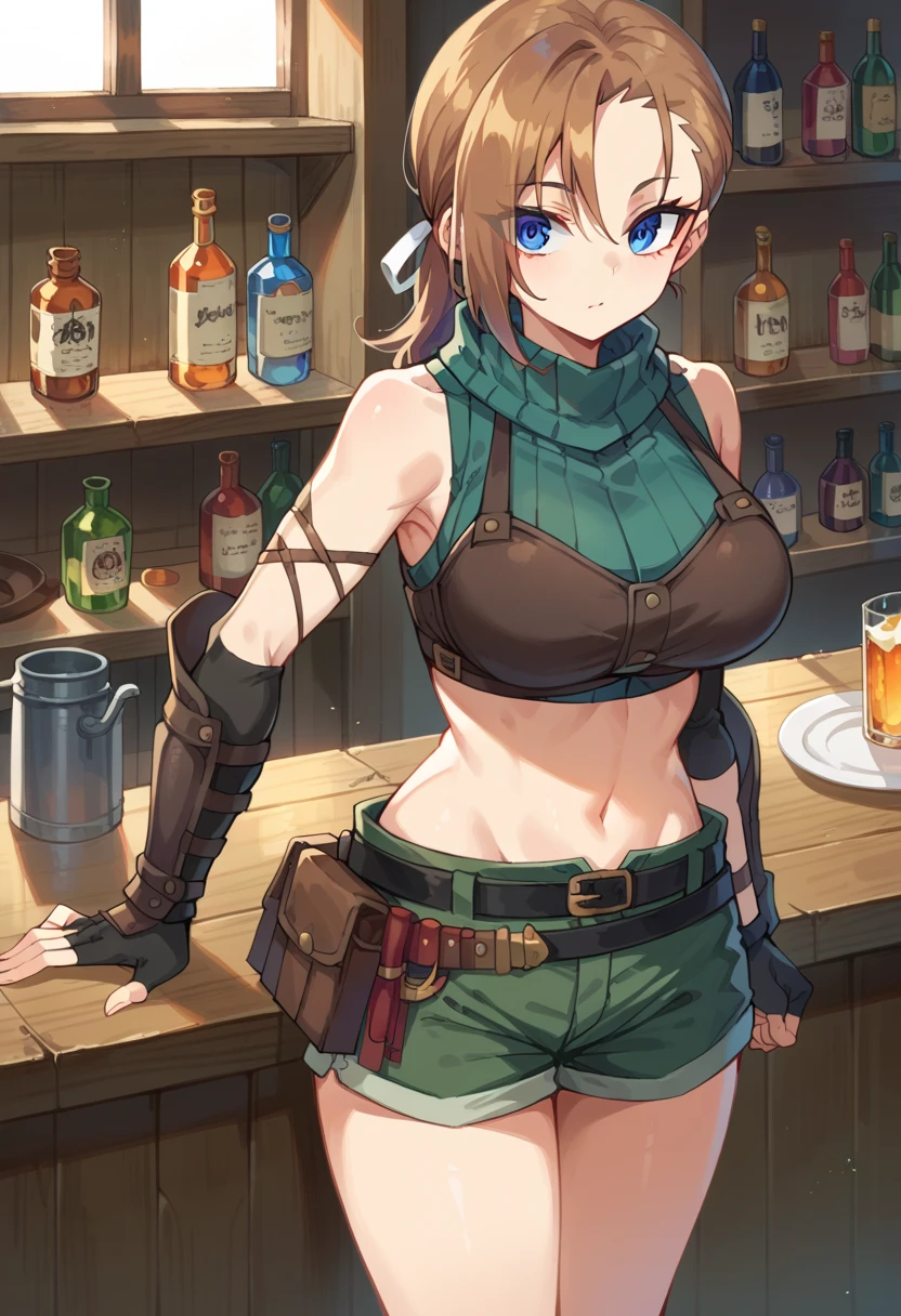 1girl, RhudaRunebeck, long hair, asymmetrical bangs, brown hair, low ponytail, short ponytail, white ribbon, blue eyes, 
turtleneck, sleeveless, ribbed shirt, green shirt, crop top, breastplate, navel, elbow gloves, fingerless gloves, black gloves, arm guards, 
black belt, belt pouch, short shorts, green shorts, 
bar