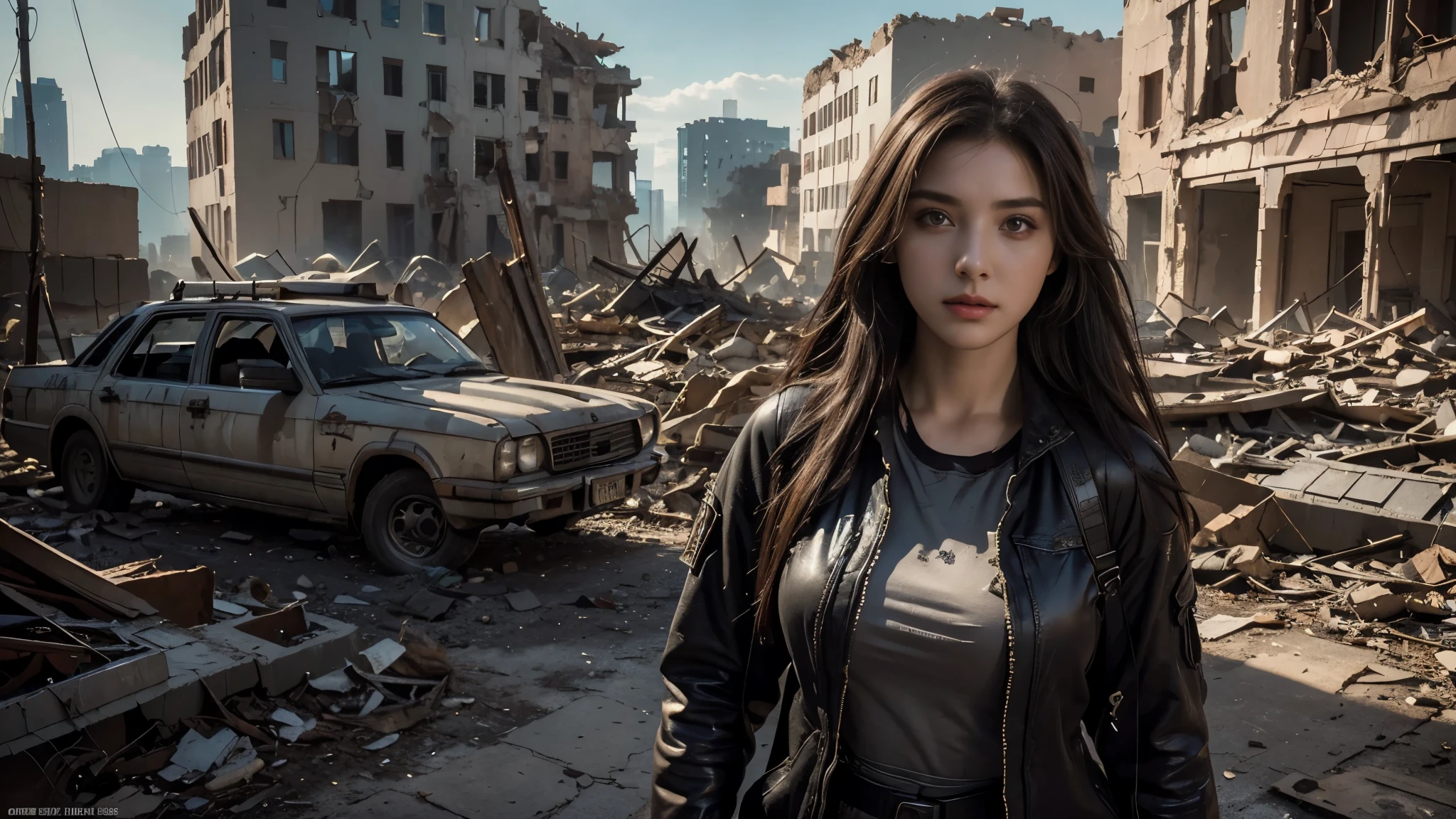 masterpiece, high resolution,8K,(Portrait Photos:1.5),(R Original Photo),Reality,Digital Photography,(Apocalyptic ruins ),City ruins，beautiful 20 year old woman，sentry， post-apocalyptic scene，Close-range photography， broken clothes