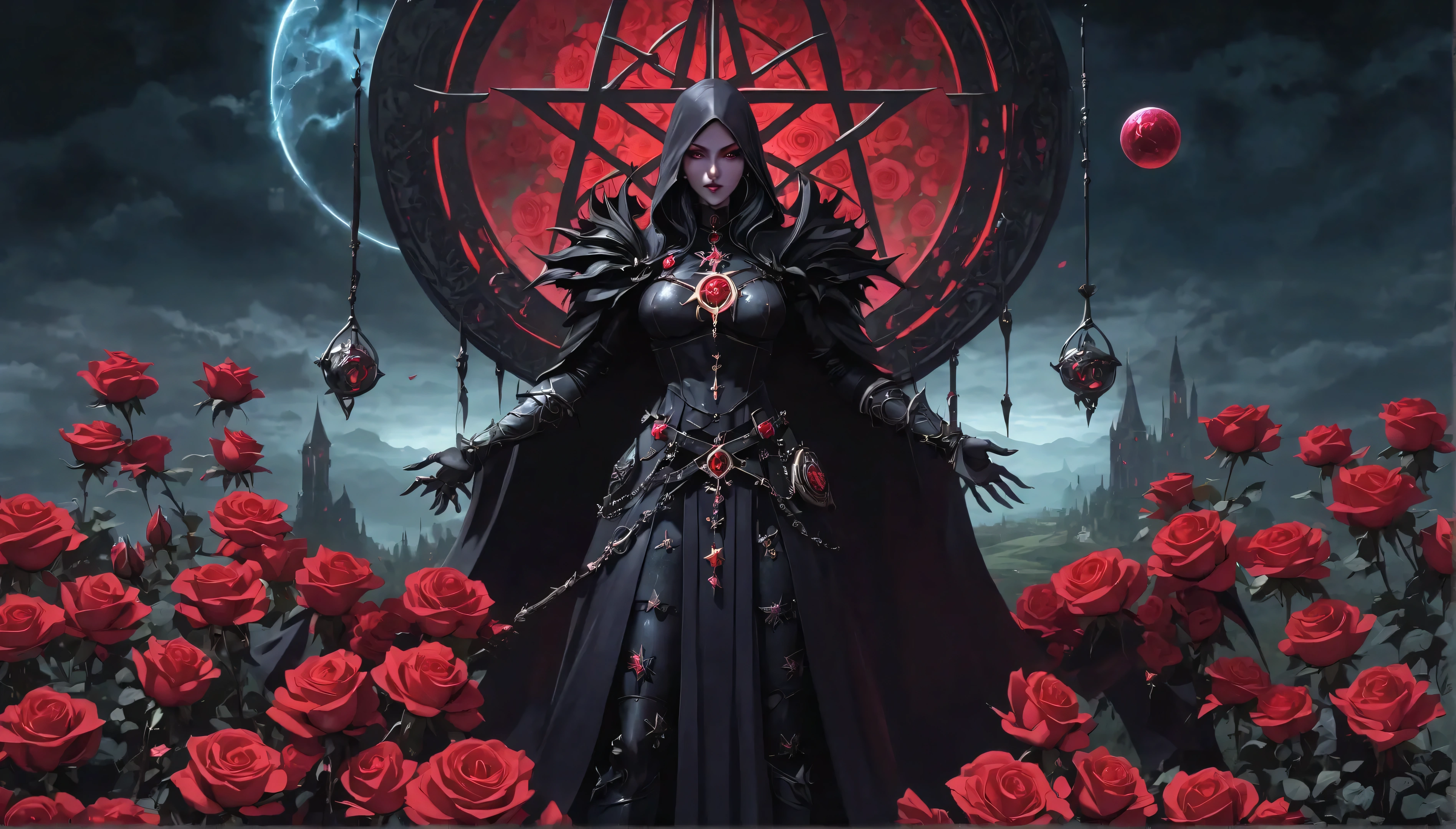 witch standing in a field of red roses with a pentagram, dark fantasy style art, gothic fantasy art, fantasy dark art, dark fantasy artwork, dark fantasy art, dark fantasy esoteric, abaddon and magali villeneuve, 4k fantasy art, dark fantasy character design, dark fantasy digital art, dark fantasy concept art, in style of dark fantasy art