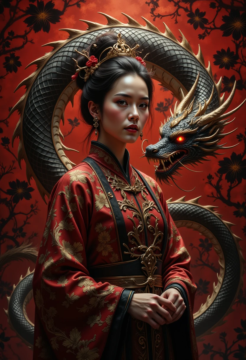 Magic style, nightmare, A striking and intense portrait of a regal woman entwined by an elaborate dragon. She stands with an air of authority, dressed in traditional East Asian attire with rich, intricate patterns in shades of deep red and black, adorned with golden floral accents. Her black hair is elegantly styled in an elaborate updo, decorated with delicate red and gold hairpins that add a touch of royalty and mystique. The dragon coils protectively around her, its scales a complex texture of black and ivory with gold highlights, and fierce, red eyes that gleam with intelligence and ferocity. Its head hovers close to hers, displaying sharp, menacing teeth and a determined gaze. The background is a bold red with a black floral pattern, amplifying the dramatic, mythical atmosphere of the scene. The lighting casts a warm glow, accentuating the textures and fine details of both the womanâs attire and the dragonâs scales, creating an atmosphere of ancient power and mysticism. 