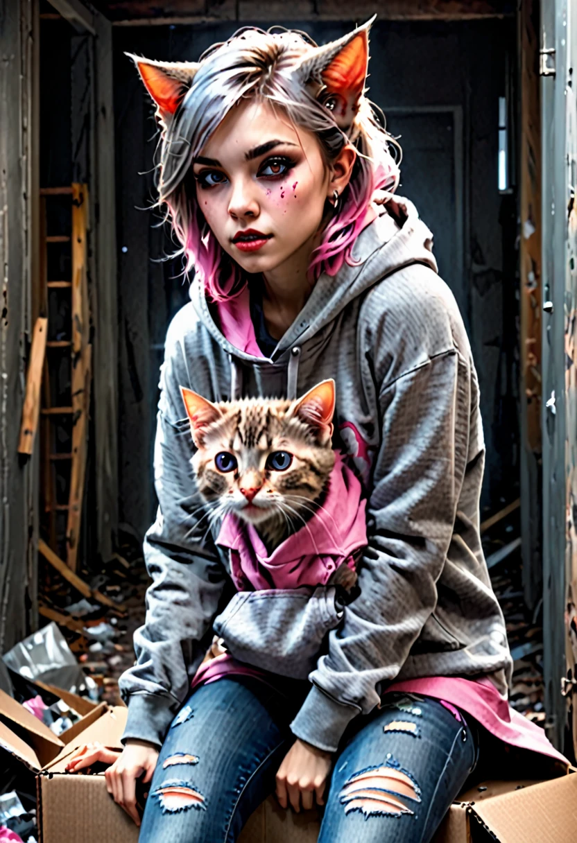 realistic, Charlie Bowater style, vampire, stooped ugly female, left eye bends, grayish earthy skin, has a hump, walks bent, left arm unattractively long, gray hoodie with a pink kitten on it, ripped jeans, squats in a dark corner on a box over garbage