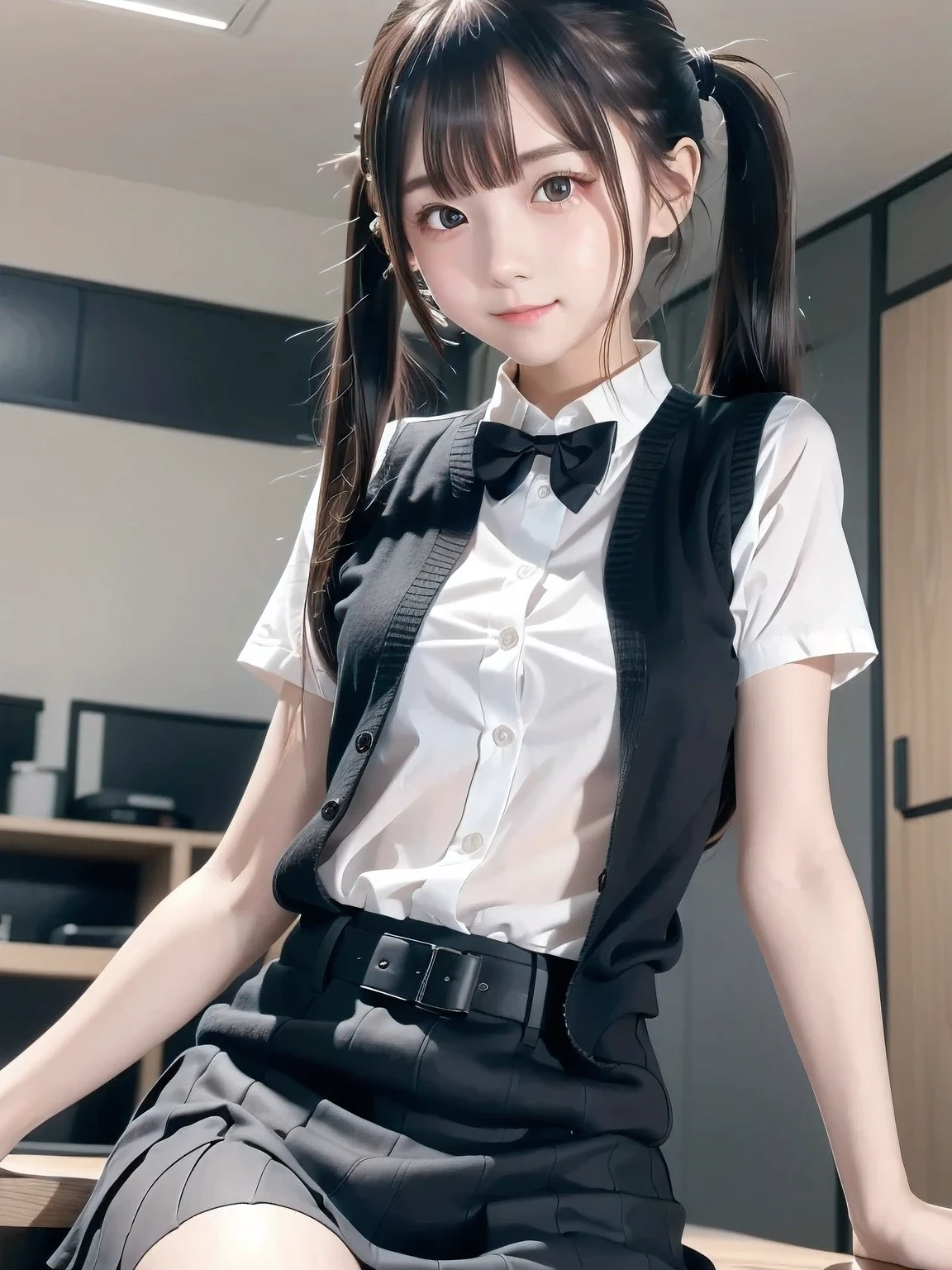 absurdres, absolutely resolution, incredibly absurdres, highres, ultra detailed, official art, unity 8k wallpaper,
BREAK
1 girl, soro, twintails, bow, cardigan vest, short sleeve shirt, plaid skirt, over black legwear, loafers, smile, Sexual girl, seducing men, colourful, bewitching eyes,