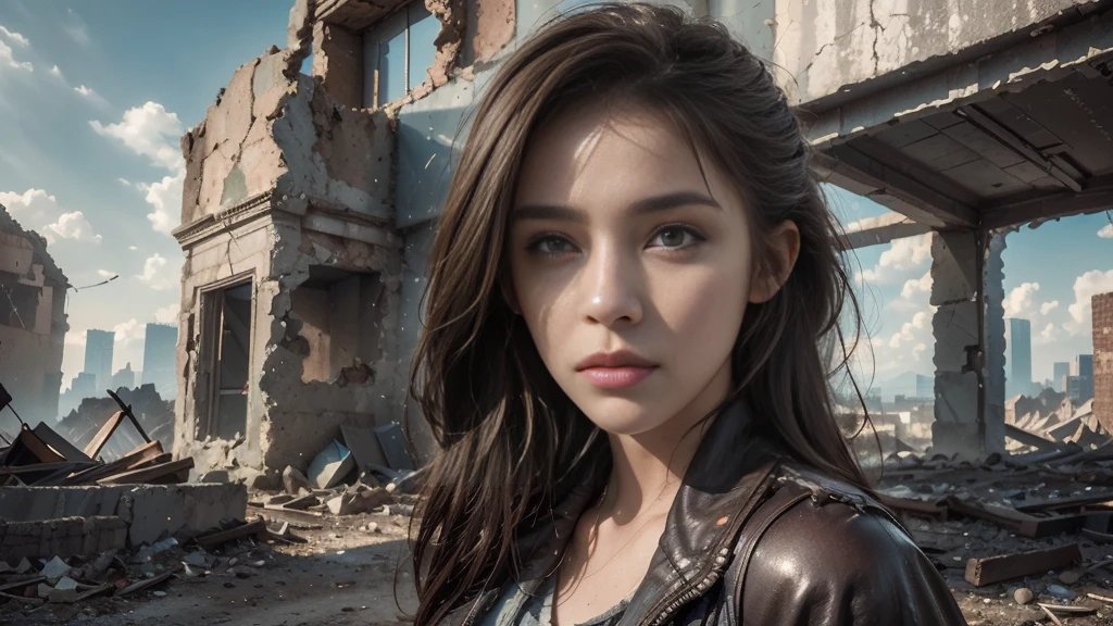 masterpiece, high resolution,8K,(Portrait Photos:1.5),(R Original Photo),Reality,Digital Photography,(Apocalyptic ruins ),City ruins，beautiful 20 year old woman，sentry， post-apocalyptic scene，Close-range photography， broken clothes