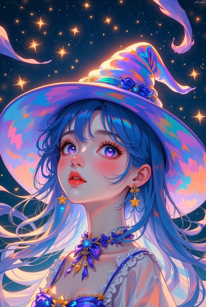 A beautiful anime girl with long blue hair and glowing eyes wearing an iridescent hat, she is looking up at the stars in awe, her face painted with vibrant colors, glittering nebulae surround her, by Atey Ghailan and Moebius