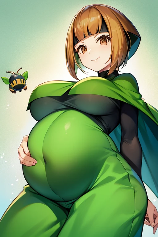 masterpiece、highest quality、Pokémon、nathan、Colossal breasts mature pregnant woman、Colossal breasts mature pregnant woman、colorful hair、green capellet、（（（green cape）））+++、（（（green cape）））+++、（（（green cape）））+++、black shirt、long sleeve、abdomen、belt、orange shorts、big breasts、Upper body、smile、look at viewer、third trimester of pregnancy, Wrinkled between the eyebrows、forest、bee、garden、flower