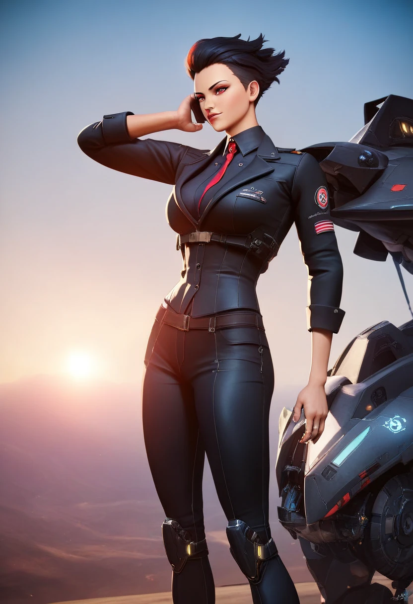 black darker skin woman, mecha pilot,cool normal cap,black short hair,black suit,red eyes, hair lisse, (best quality,4k,8k,highres,masterpiece:1.2), concept art, cinematic lighting, dynamic pose, dramatic colors, intricate detail, sci-fi