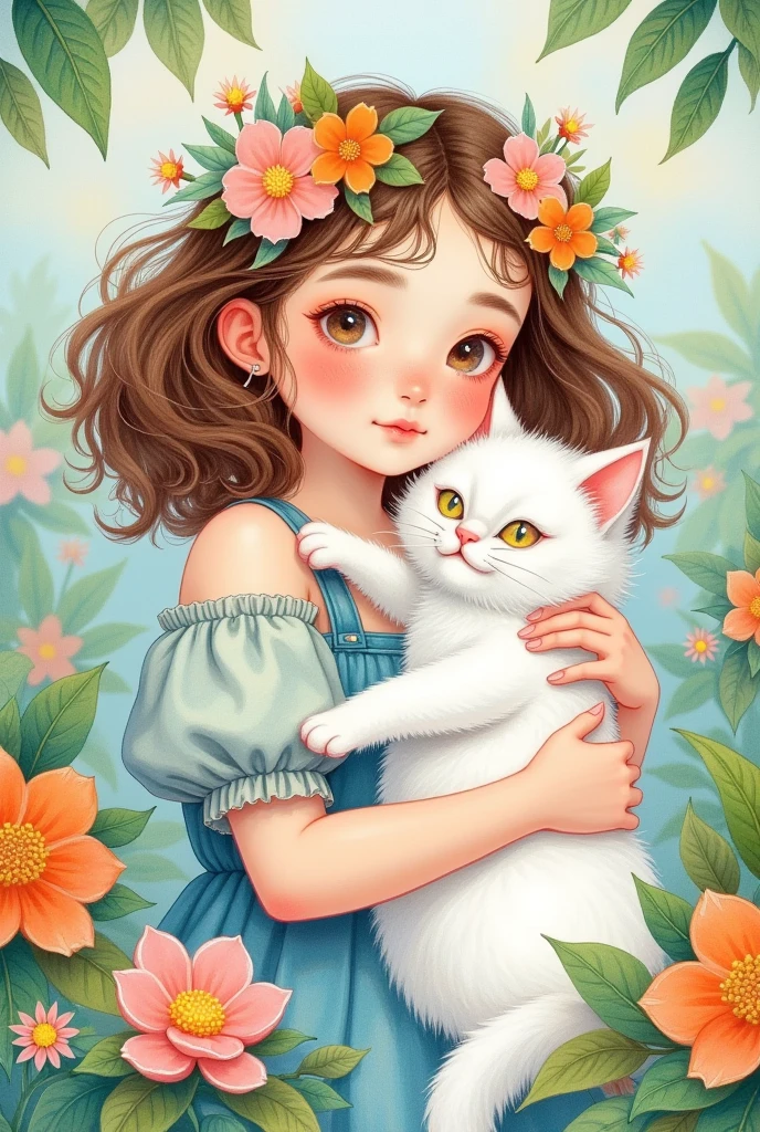 A cute girl with curly hair is holding her white cat in the garden. She has flowers on her head and green leaves around her. The watercolor painting has a soft pastel color palette and dreamy atmosphere. It is in the style of a cute, kawaii vintage illustration with a high resolution, high quality, and high level of detail. The full body portrait has sharp focus and is hyper realistic and hyper detailed in its photorealism. 