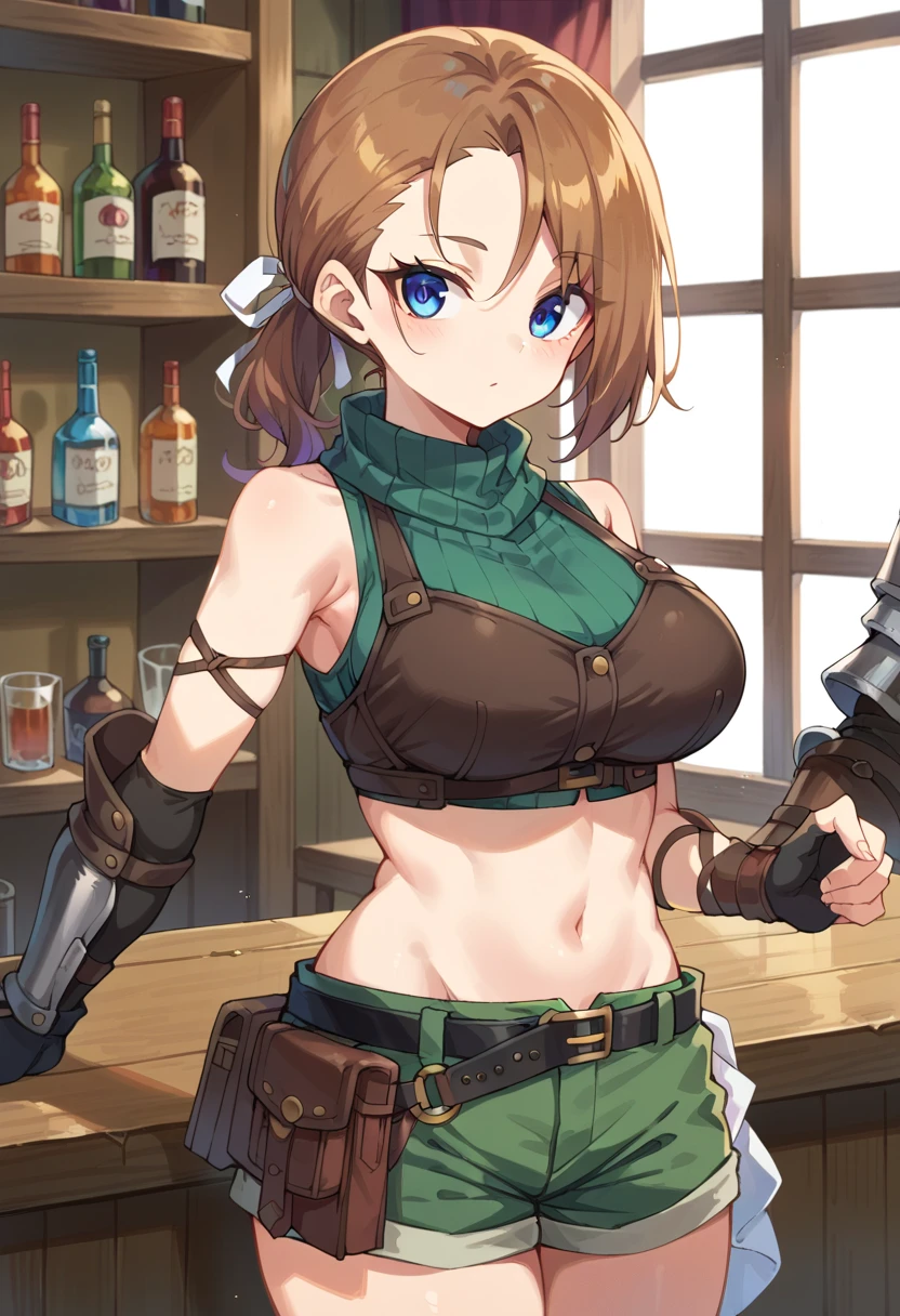 1girl, RhudaRunebeck, long hair, asymmetrical bangs, brown hair, low ponytail, short ponytail, white ribbon, blue eyes, 
turtleneck, sleeveless, ribbed shirt, green shirt, crop top, breastplate, navel, elbow gloves, fingerless gloves, black gloves, arm guards, 
black belt, belt pouch, short shorts, green shorts, 
bar