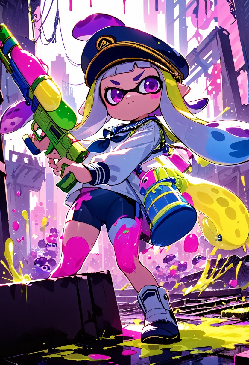 (masterpiece, best quality:1.1), popart, (a Inkling(from "Splatoon") is standing in ruin-city),wearing Mariner's uniforms, a lot of ink on their bodies,has water-gun and ink-gun,splattered ink,colorful,great joy,volumetric lighting,pose,