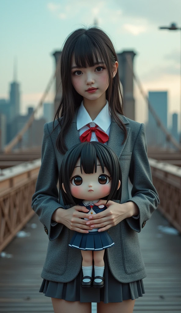 ultra-realistic, photorealistic, dramatic scene, shadow, global-illumination, solo, (teenage Japanese famous idol girl:1.5), very beautiful fragile Japanese girl, very beautiful with very cute but boyish cool face, (very large breasts), slim waist, moles, detailed face skin texture with moles, professional lighting, (wearing a gray colored Japanese high school cute uniform of white shirt with blazer and skirt, red ribbon:1.2), (very large breasts), She is standing on the Brooklin bridge in New York, She is holding a very large detailed figure of realistic Chibi-anime-girl styled herself, 