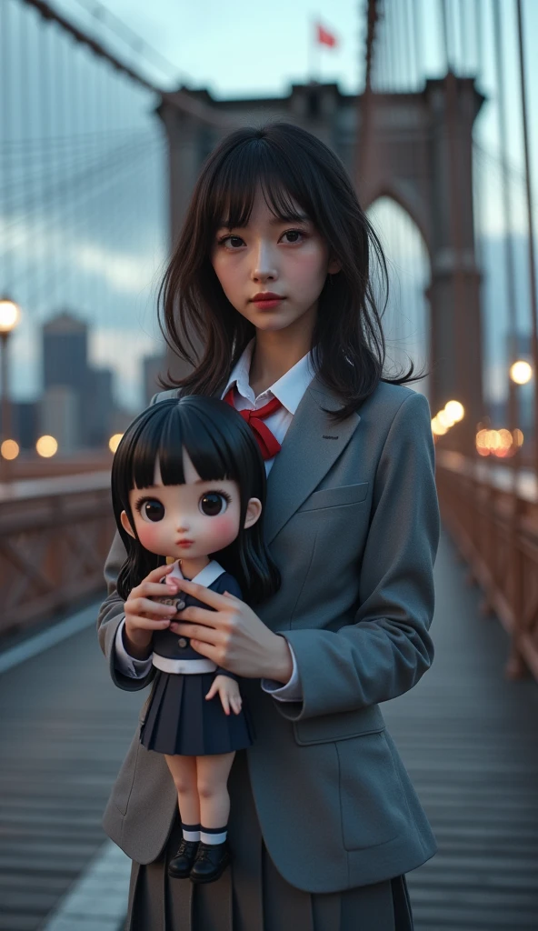 ultra-realistic, photorealistic, dramatic scene, shadow, global-illumination, solo, (teenage Japanese famous idol girl:1.5), very beautiful fragile Japanese girl, very beautiful with very cute but boyish cool face, (very large breasts), slim waist, moles, detailed face skin texture with moles, professional lighting, (wearing a gray colored Japanese high school cute uniform of white shirt with blazer and skirt, red ribbon:1.2), (very large breasts), She is standing on the Brooklin bridge in New York, She is holding a very large detailed figure of realistic Chibi-anime-girl styled herself, 