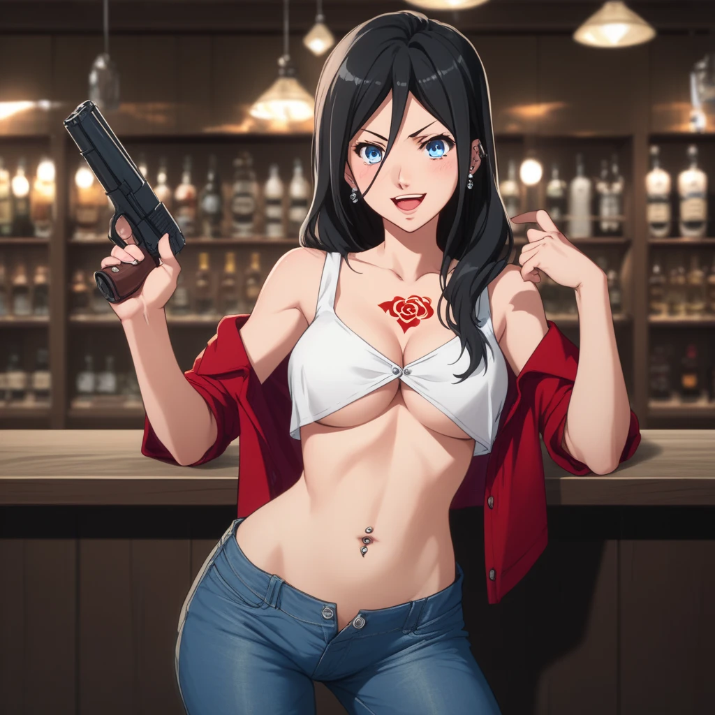 (Night:1.7),  smoking a cigarette
,holding a cigarette,
,(red_collared_shirt:1.5), 
jewelry,midriff,gem,circlet,earrings,necklace,
brown_hair,brown_eyes,Very_long_hair,lipstick,makeup,red_lips,
1 girl, 20yo,mature female,Beautiful Finger,Beautiful long legs,Beautiful body,Beautiful Nose,Beautiful character design, perfect eyes, perfect face,
bar background, inside bar, indoor, masterpiece, best quality, highly detailed, a girls with a gun, open mouth, blazer, sexy gaze, (nsfw) not
safe for work, badass pose , evil smile, smile, black bra, anime girl with long hair, long haired girl,
navel, evil expression, exposed belly, exposed navel, exposed midriff, exposed lower belly, micro
miniskirt, micro pencil skirt, pencil skirt ,holding a gun, holding pistol, navel piercing