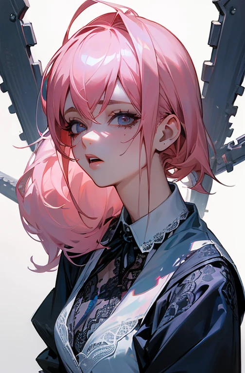 (highest resolution, distinct_image) best quality, feminine masterpiece, high detail, semi-realistic, (most body), long pink hair, bangs, 18 years old, young, black fit, pink-purple flight suit, stand up collar shirt, pointed face, (tan eyes, hair between the eyebrows), fluorescent long coat (broken glass), (pure white background), cold, serious, authoritative, powerful, (standing painting), (delicate facial features, exquisite facial features)