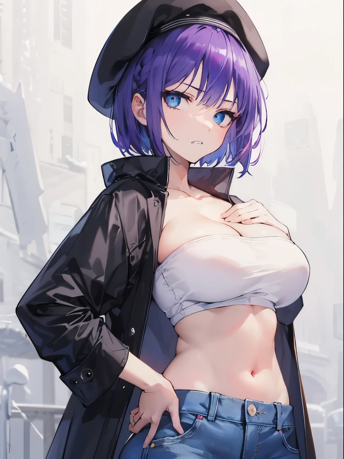 (serious, clenched teeth), 1 girl, upper body, (facing viewer, looking viewer), standing straight, (blue eyes, ((sanpaku)), (purple hair), straight hair, very short hair, large breast), ((black beret, black coat, white tube top, denim skirt)), collarbone, (gray background), Sharp Focus, (Best Quality, masterpiece, detailed, facial focus), (solo shot), navel, stomach, hand on own hips