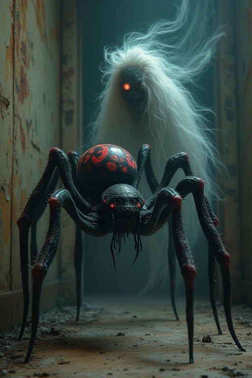 a spider girl looms over a boy caught in her web. the girl is an arachne, drider, or arachnid taur. she has the head, arms and body of human attached to the body and legs of a giant black spider. her human section  has long white hair, very pale skin, and small red circular facial masks in a regular pattern.

beneath her, the boy is trapped in her web, with think bands of spider silk binding his legs together, his arms behind his back, and wrapped around his mouth, gagging him. he is suspended in the web, and clearly terrified. 