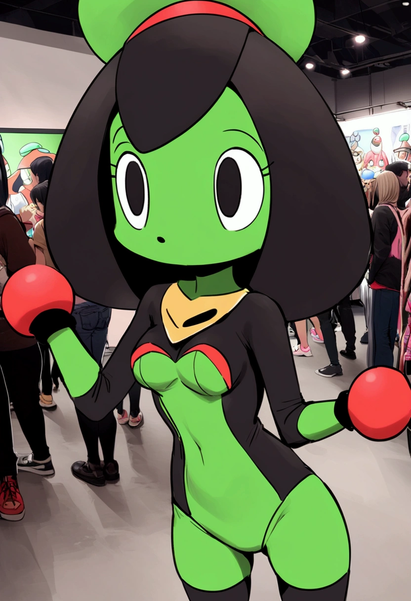 2D cartoon monster with red eyes, blue hair and green body, with a black katana sword, flaming fire, with a very ponk outfit