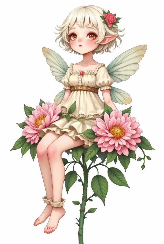 A fairy with wings is sitting on top of large blooming peonies, legs crossed behind her back and wearing an off-white dress with ruffles in the style of Hayao Miyazaki. The illustration is a watercolor painting with a white background and pastel colors. It is a full-body shot of the fairy in a flat, vector design that is highly detailed and a digital drawing with high resolution, isolated from the white background.