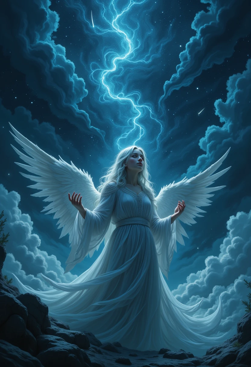 Magic style, nightmare, White haired angel girl. Offering prayers to the starry night sky.